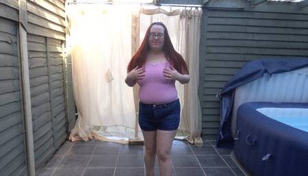 Tan Pantyhose and Denim shorts strip in Ankle boots