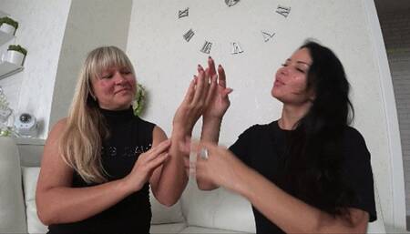 Colored satin gloves on our hands YHF