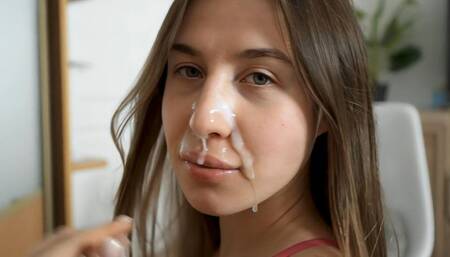 Sexy girl with big sporty tits gives perfect blowjob and cum on face