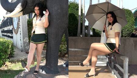 Walking in the Park in Girl Guide Outfit & Sheer Pantyhose