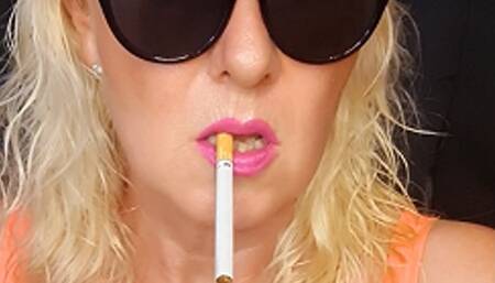 Close up Marlboro 100 smoke in Bikini, wet hair, with and without sunglasses