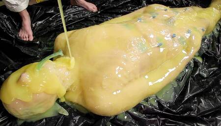 Encased in Silicone, pt 2 - Strange Hobbies, Elise Graves, Pup Jake and Mark - Strange Hobbies is moved to the floor for buckets of silicone to be poured on his body, creating a thick silicon cocoon!