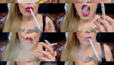 Close-up - DARKSIDE -VIRGINIA SLIMS 120S - SPECIAL EXTREME COUGHING, SMOKING DIFFICULTY - Dangling - Deep Inhales - Multiple pumps - Nose exhales and lots of coughing