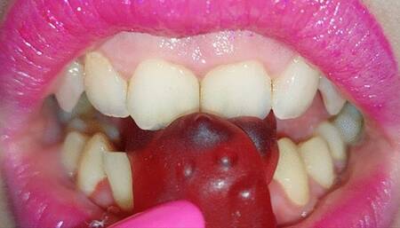 Chewing and eating gummy bears - It' so funny