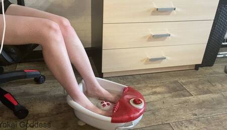 Slave washing My feet and drinking this water with My spits