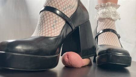 A Shoejob Dream comes True - Schoolgirl tramples the cum out of his cock with black Mary Jane heels - POV, underglass views, Handjob and Frilly socks - slave - HD