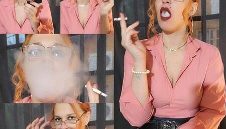 Secretary blows smoke in your face - 100s cigarette