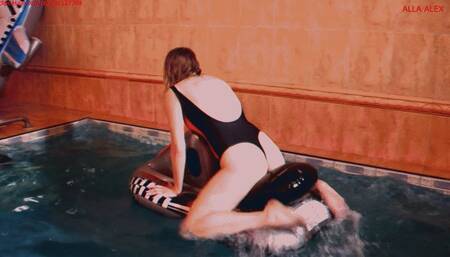 Alla is a hot cowgirl fucking on a durable inflatable scooter in the pool!!!
