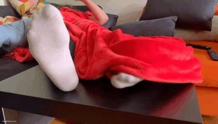 GIRL WITH SMALL FEET NAPPING CLOSE UP SOLES UNDER BLANKET - MOV Mobile Version