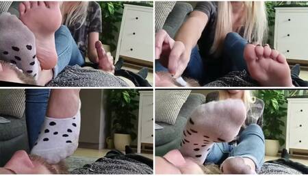 My smelly socks are on your face and you hard cock is in my hand