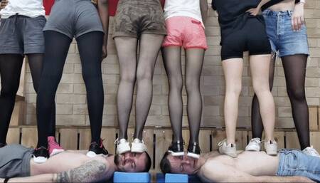 Multitrampling contest #58 (Part 2): painful throatstanding & double heels jumping & trapped under sneakers and heels of 7 girls