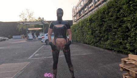 Latex Lady in Transparent Catsuit Plugged Masturbate Pee and Blow Job in Public PART 3