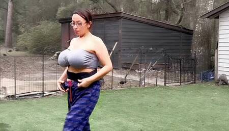 Milking huge tied tits with nipple rings