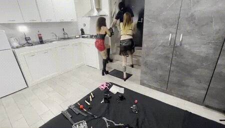 2 Dommes pull slave from the street POV 1