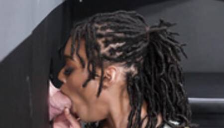 Skinny Ebony Babe Taki Tsunami Sucks Some White Dick Through Gloryhole