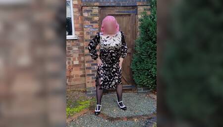 Crossdresser Outdoors in Sexy Satin Dress