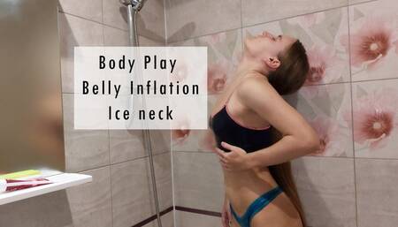 Body Play Belly Inflation Ice neck - Deep breathing - Shower scenes - Ice fetish - Long neck close up - Fitness model in leggings