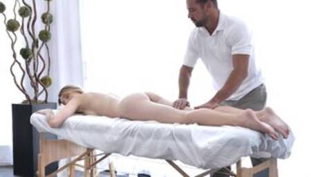 Tiny blonde teen gets a big cock massage