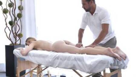 Tiny blonde teen Charlotte Sins gets a big cock massage from Johnny Castle