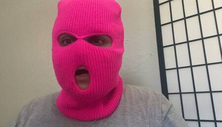 Burping in hot pink ski mask
