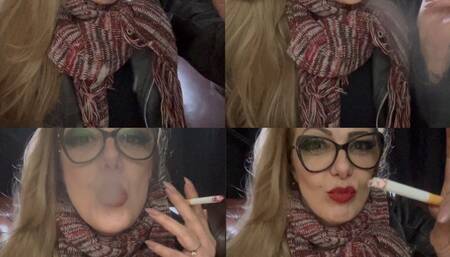 Listening to music and smoking a delicious Marlboro red 100s - Close-up - Leather jacket - Power Smoking - Triple pumps - Multiple pumps - Deep Inhales - Coughing - Makeup - Lipstick