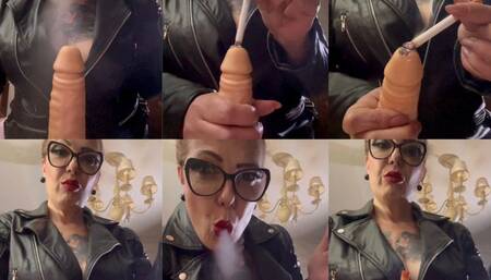 Blowing smoke on the stick and burning the head of the stick with the ember of the cigarette - Marlboro red 100s - Close-up - Leather jacket - Power Smoking - Triple pumps - Multiple pumps - Deep Inhales - Makeup - Lipstick