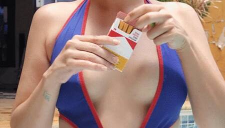 Naughty Smoking cork cigarette in a swimsuit by the pool
