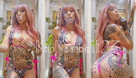 Chain-smoking in bikini front and behind view