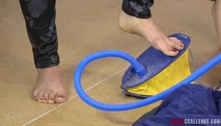 Kia and Titi pump the mattress with a foot pump (4K)