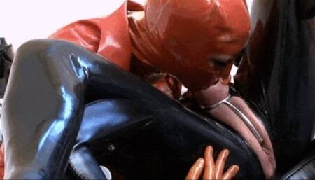 Rubber queen and her submissive latex slave in wet anal session - Part 1 of 3