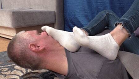 Old man smells socks and Ash sneakers of playful teenage girl, vf2697x 1080p