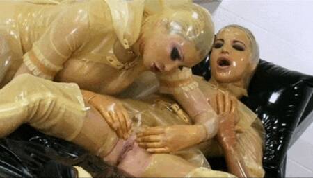 Transparent latex fetish lesbian peeing girls and pussy stretching treatment - Part 1 of 2