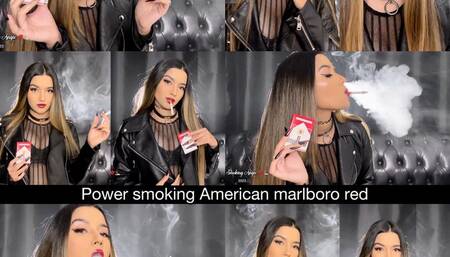 5 pumps - Angie power smoking american marlboro red in a sexy top and leather jacket!