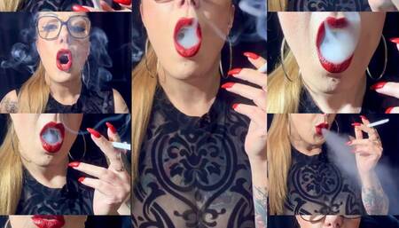 Sexy Smoker - Close-up - Marlboro reds 100s - Pov - Deep Inhales, Coughing,Triple pumps, Long Drag, Long Hair, Red lipstick, red nails
