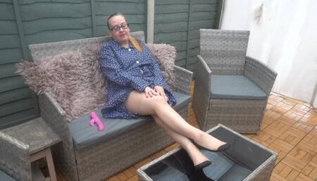 Dildo play in stockings and suspenders and blue Smock