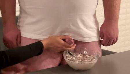 Feeding him cereal with his own cum