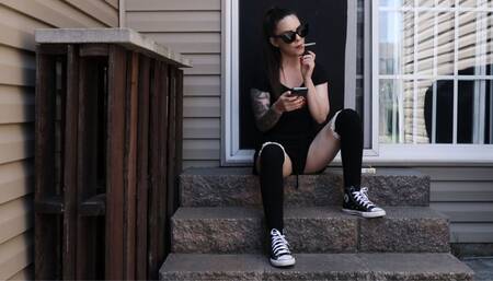 Smoking in Converse and Thigh High Socks