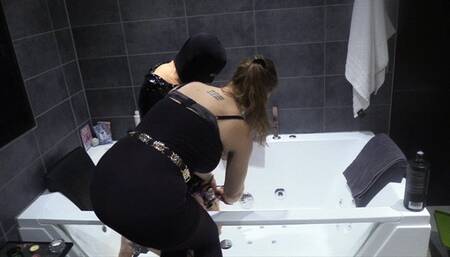 Bondaged submissive SLUT sucking dildo and getting a Fuck in the chair from mistress Tirza