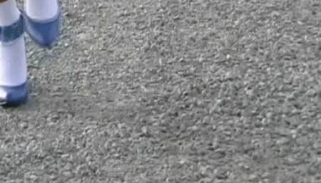 KsSunflwr, denim trim frilly socks and blue heels pedal pump