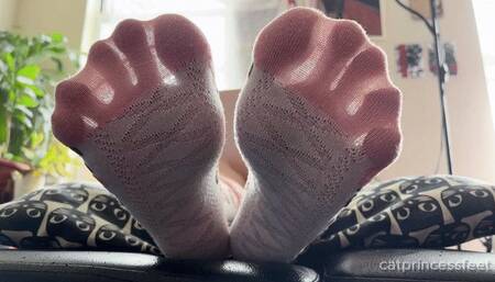White socks and soles tease, toe spreads, sock removal, scrunched soles, long red toes
