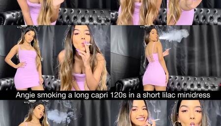 Angie smoking a long capri 120s in a short lilac minidress