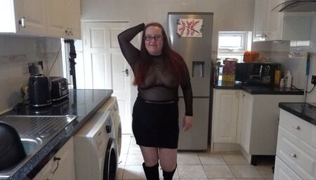 Undressing in Miniskirt Knee Boots and transparent top