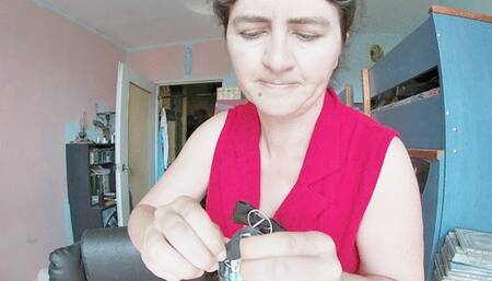 Lady in red eats an icecream