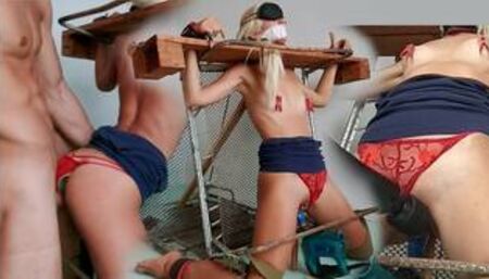 Restrained Beauty Fucked by Sex Machine. Blonde Babe in Bondage