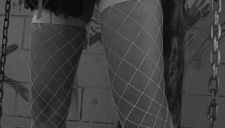 Sassy brunette in fishnet stockings getting her ass pounded in the bathroom