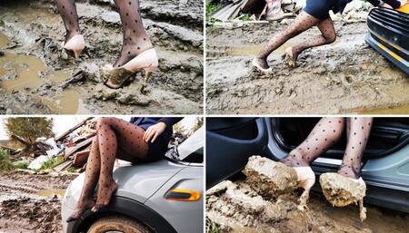 PREMIERE: Unlucky day for sexy secretary - hard car stuck in mud