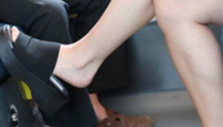 Candid dangling, brat girl put her feet on train seat, foot fetish watching