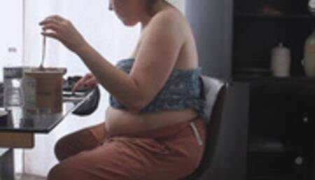 FACE STUFFING AN ENTIRE BAG OF POPCORN PLUS CHOC ICE CREAM WITH BURPING AND A SMOKERS HACKING FROM EATING SO MUCH FOOD HAPPY ENDING