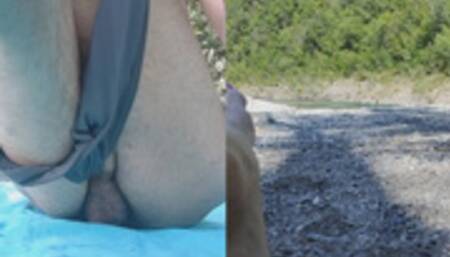 Hairy belly and balls on a public beach - ass fingering