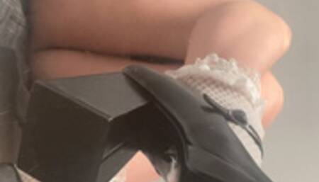 A Shoejob Dream comes True - Schoolgirl tramples the cum out of his cock with black Mary Jane heels - POV, underglass views, Handjob and Frilly socks - multicam - HD